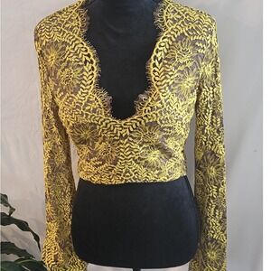 Intermix Yellow Brown Floral Lace Crop Top V-Neck Long Sleeve Back Zip‎ Womens M